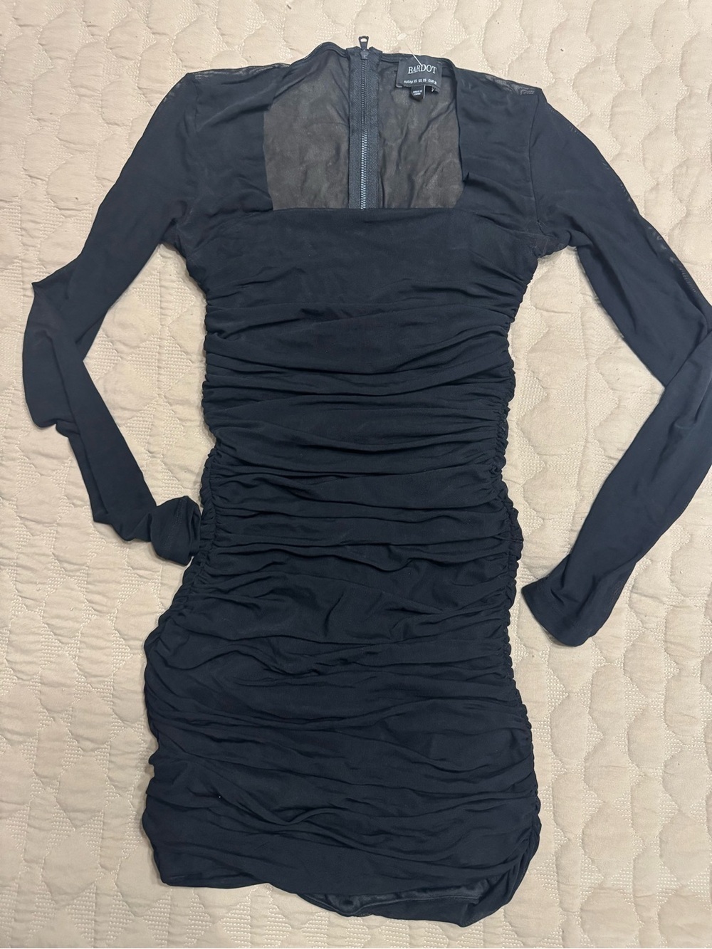 Bardot Black Ruched Long-Sleeve Mini Dress